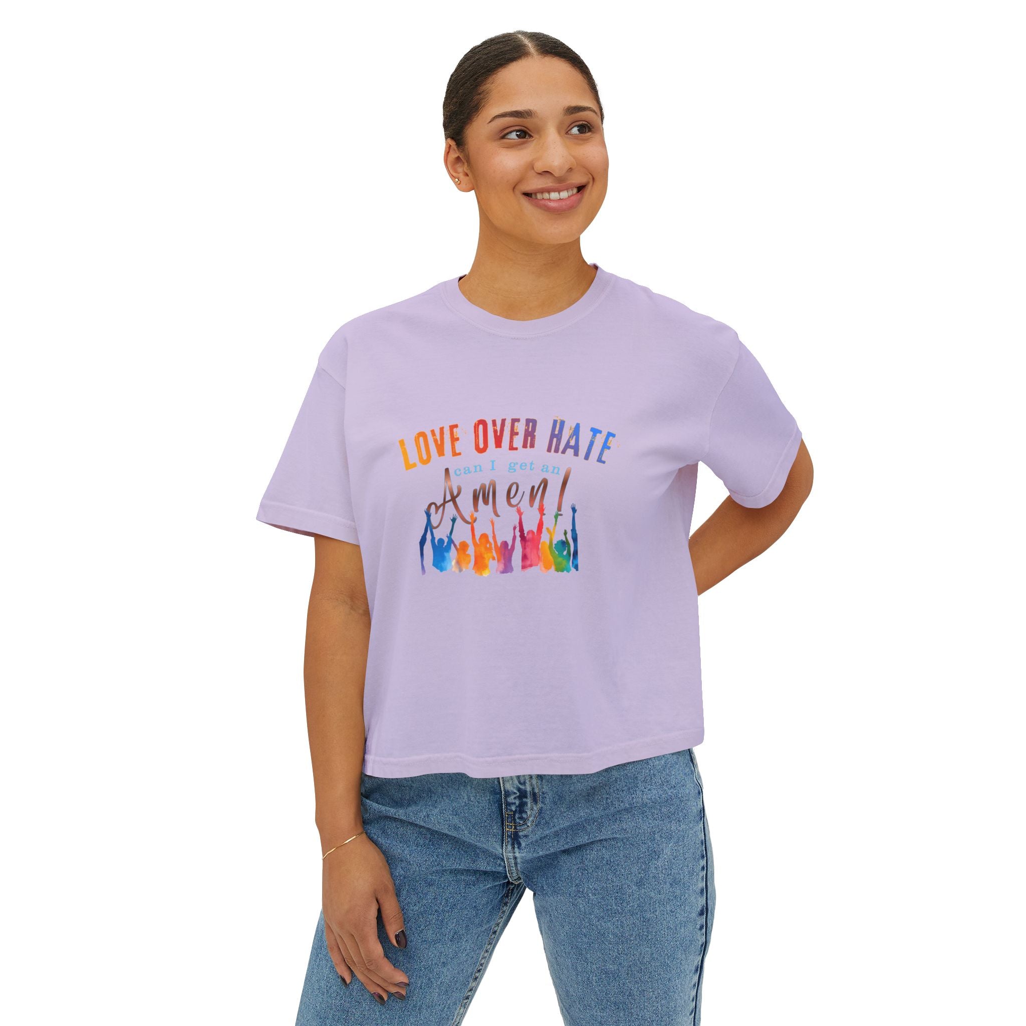 Love Over Hate, Can I Get an Amen Women's Boxy T-Shirt | Comfort Colors Feminist Graphic Tee