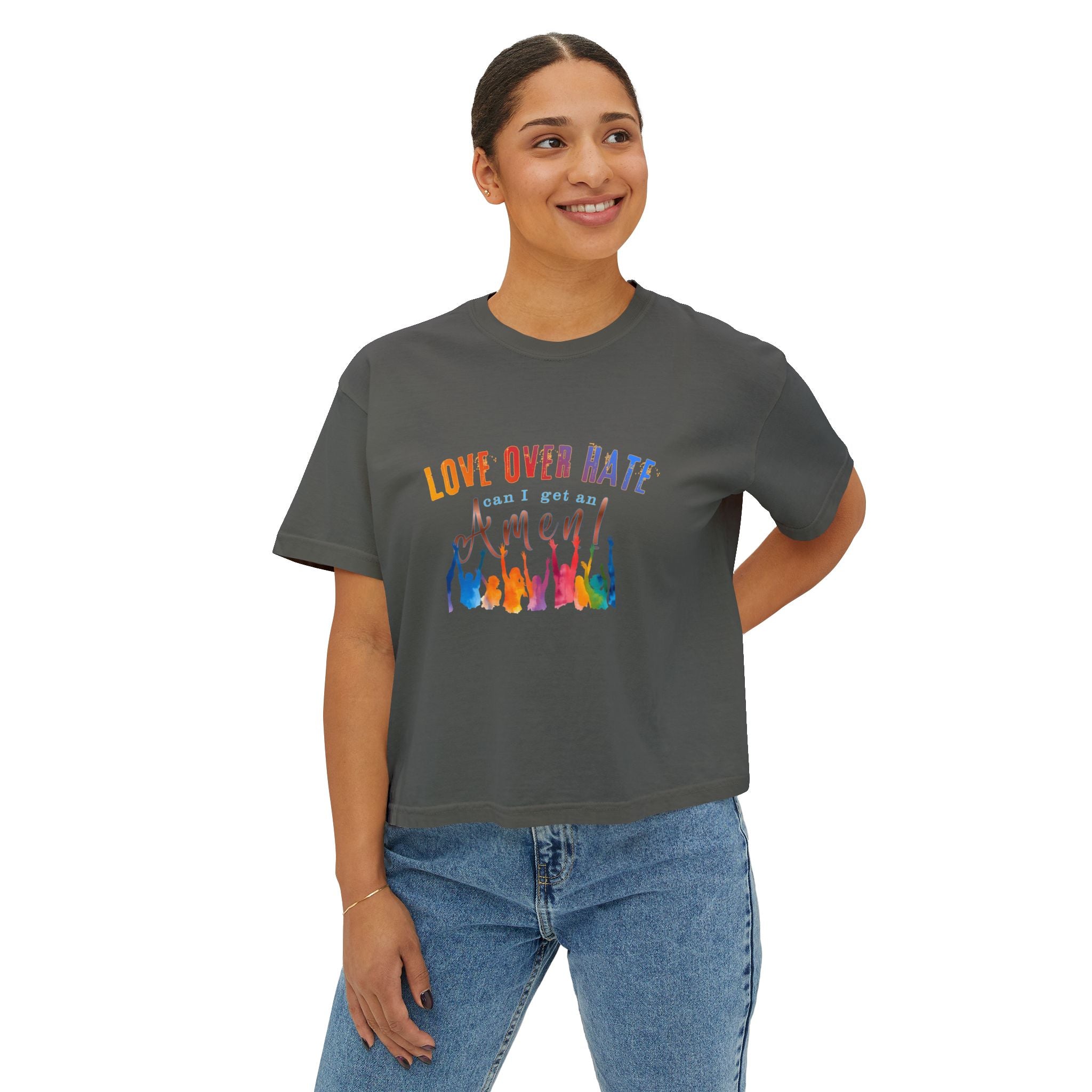 Love Over Hate, Can I Get an Amen Women's Boxy T-Shirt | Comfort Colors Feminist Graphic Tee