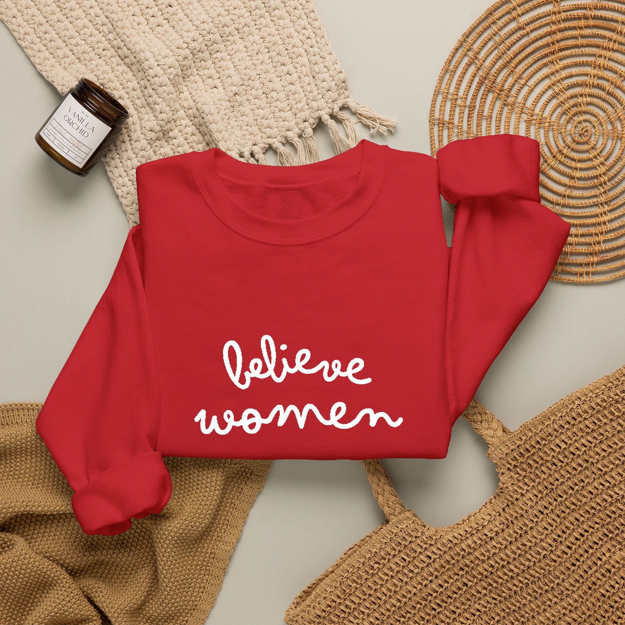 Believe Women Embroidered Sweatshirt | Feminist Statement Crewneck | Women's Rights Embroidered Pullover