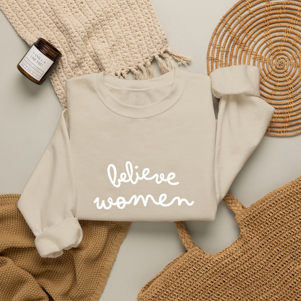 Believe Women Embroidered Sweatshirt | Feminist Statement Crewneck | Women's Rights Embroidered Pullover