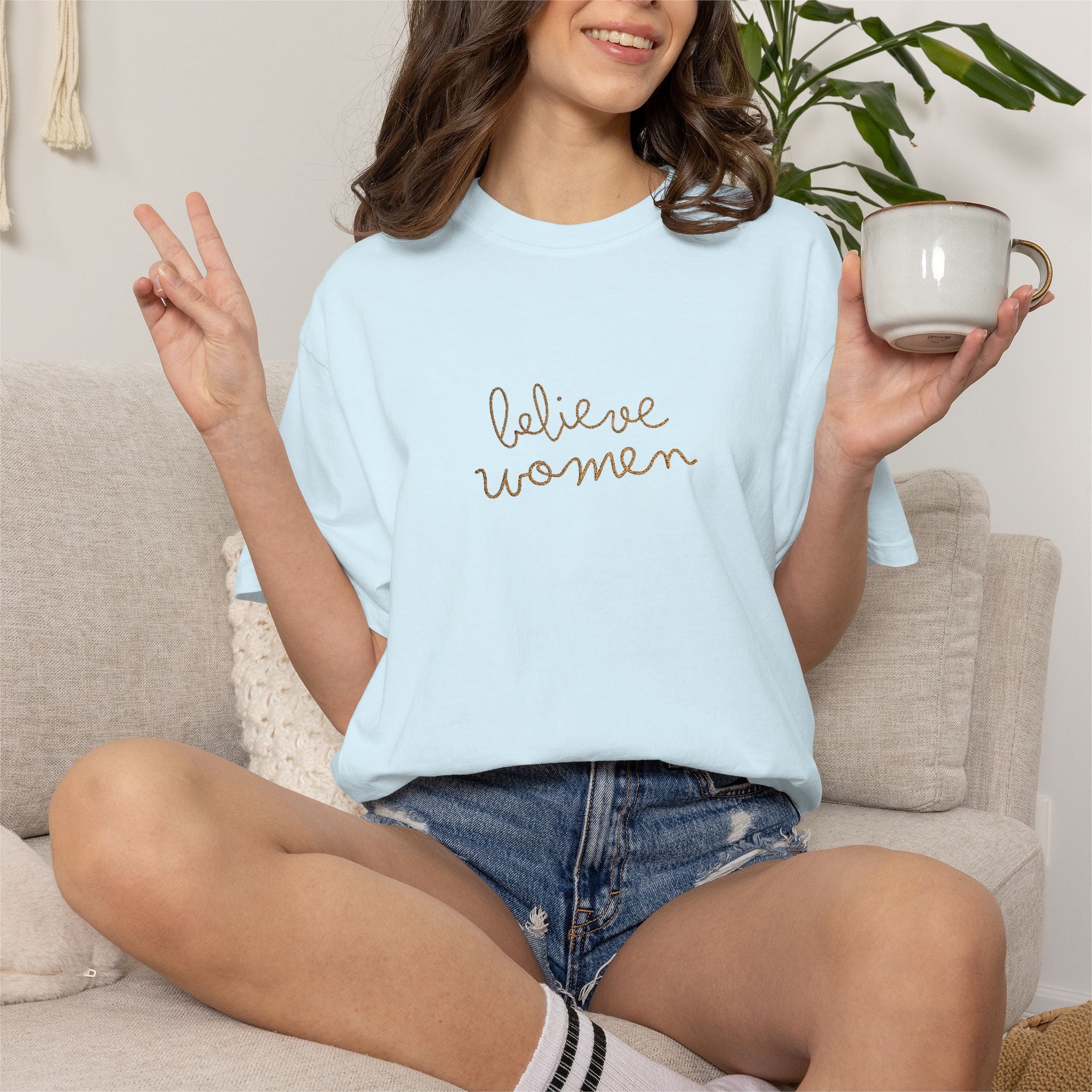 Believe Women Embroidered Comfort Colors® T-Shirt | Feminist Women's Rights Tee | Minimalist Embroidered Shirt