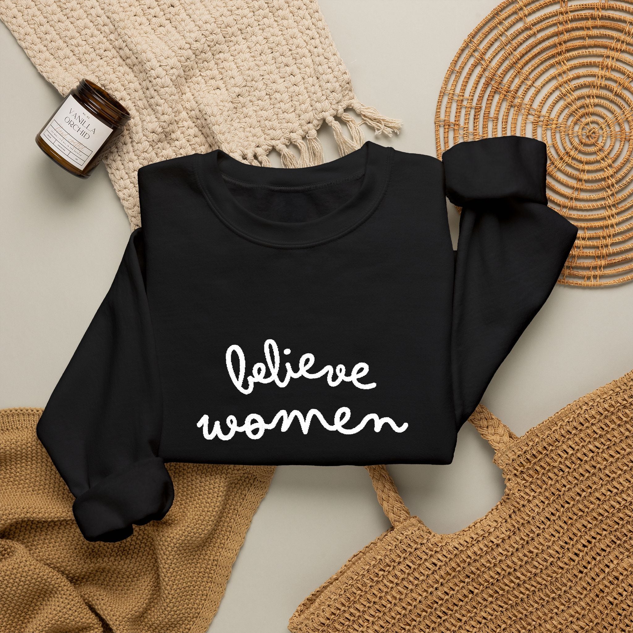 Believe Women Embroidered Sweatshirt | Feminist Statement Crewneck | Women's Rights Embroidered Pullover