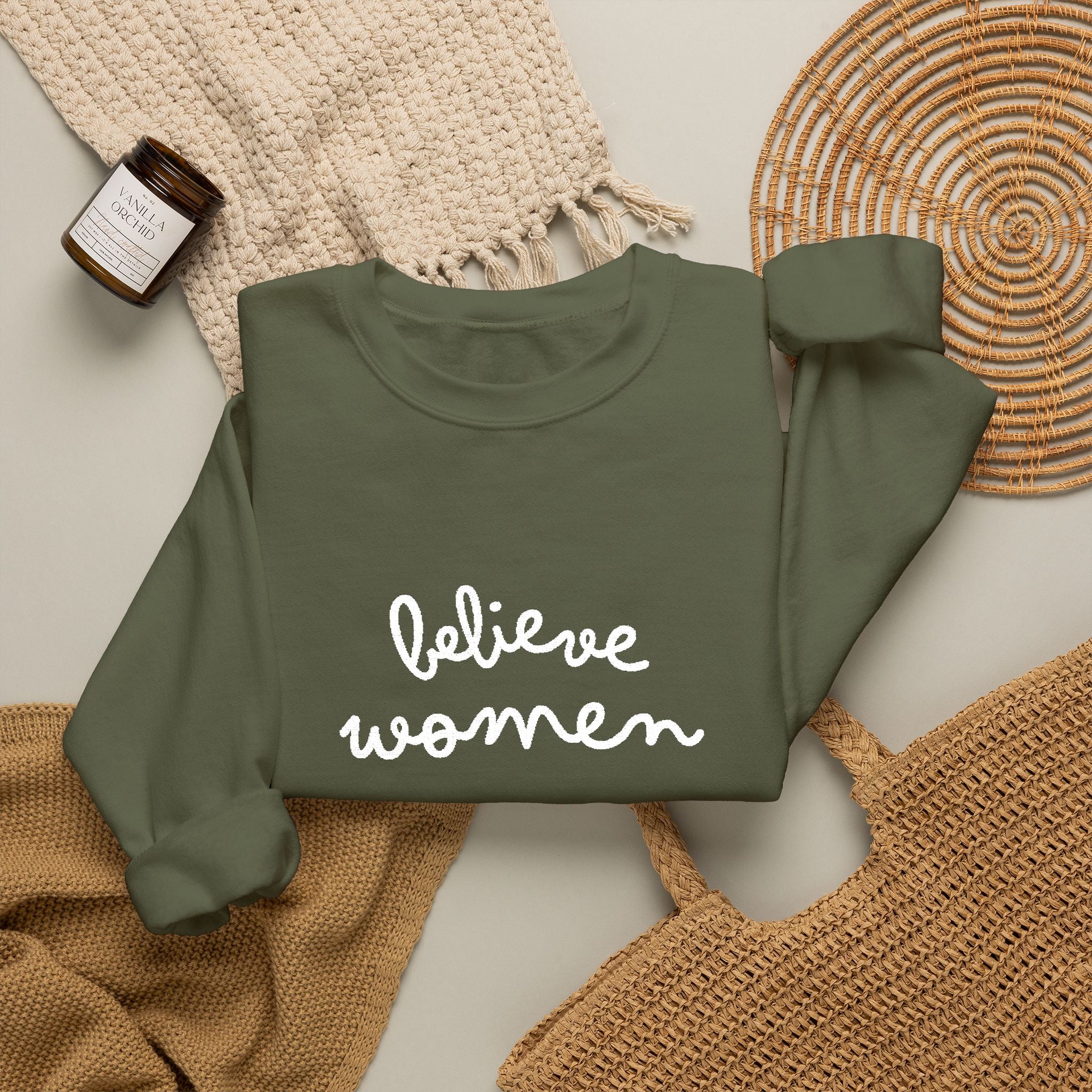 Believe Women Embroidered Sweatshirt | Feminist Statement Crewneck | Women's Rights Embroidered Pullover
