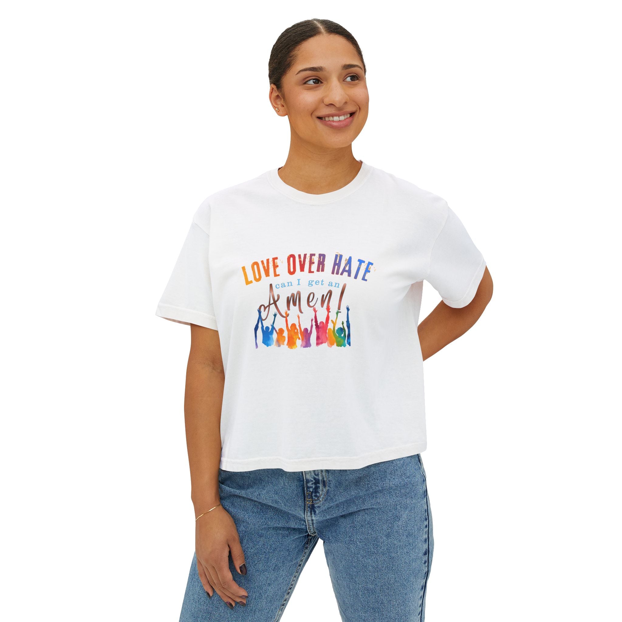 Love Over Hate, Can I Get an Amen Women's Boxy T-Shirt | Comfort Colors Feminist Graphic Tee