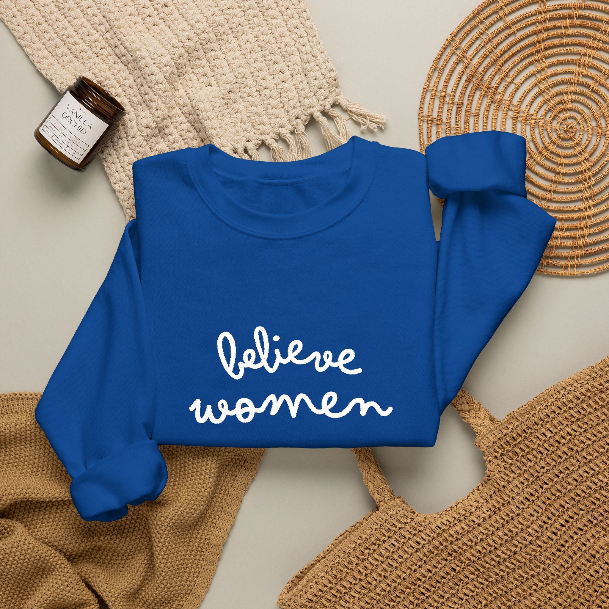 Believe Women Embroidered Sweatshirt | Feminist Statement Crewneck | Women's Rights Embroidered Pullover