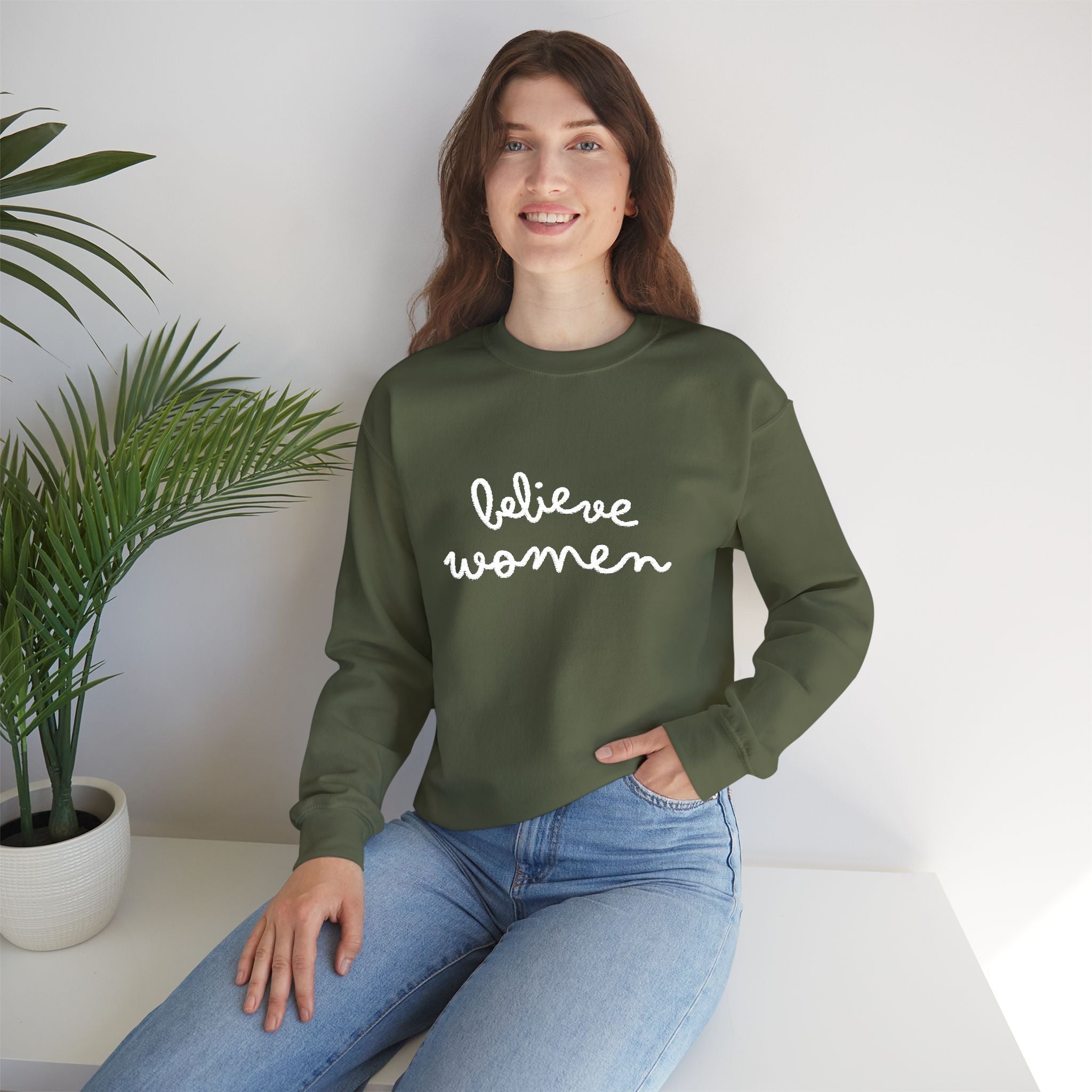 Believe Women Embroidered Sweatshirt | Feminist Statement Crewneck | Women's Rights Embroidered Pullover