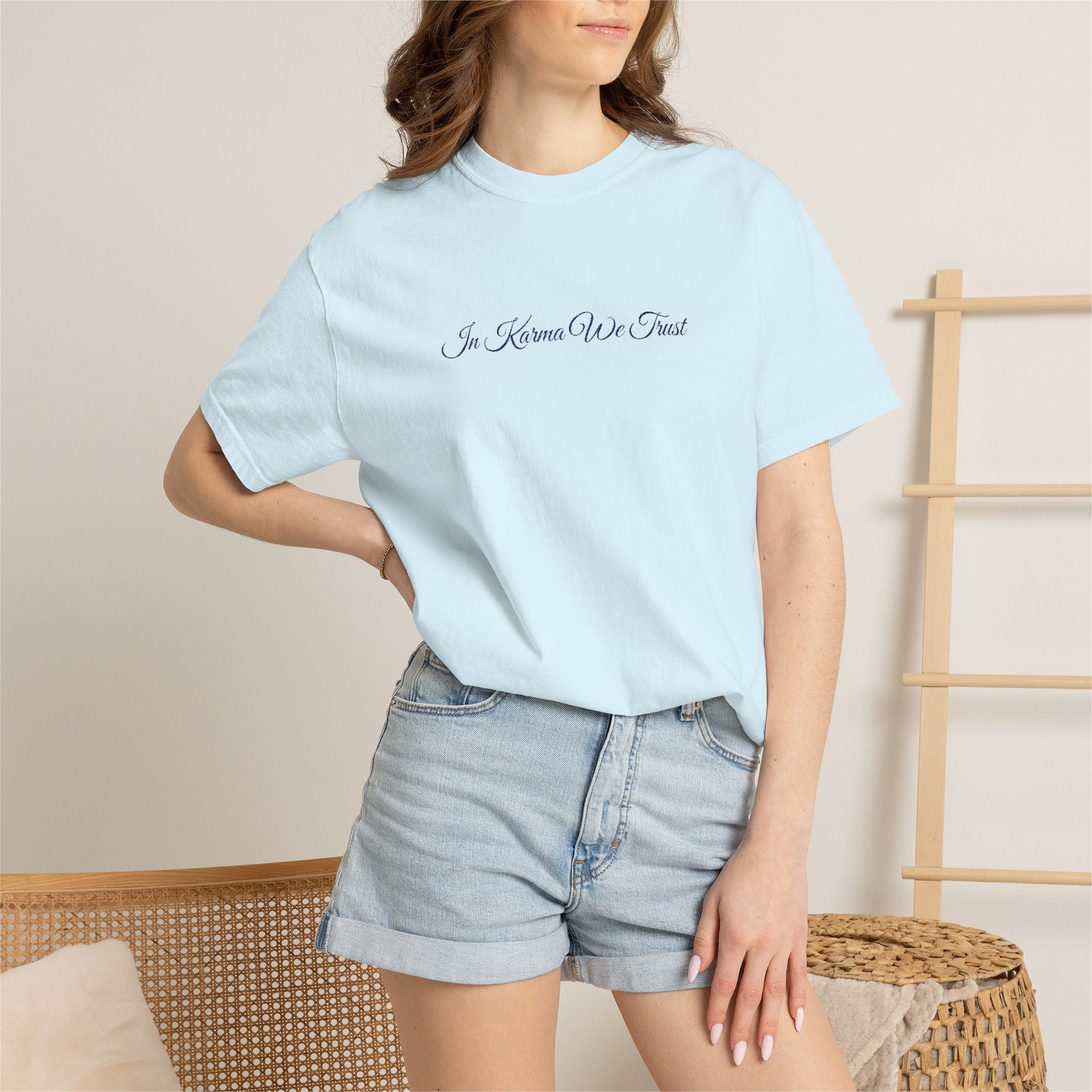 In Karma We Trust Embroidered T-Shirt | Unisex Spiritual Humor Shirt | Everyday Casual Graphic Tee