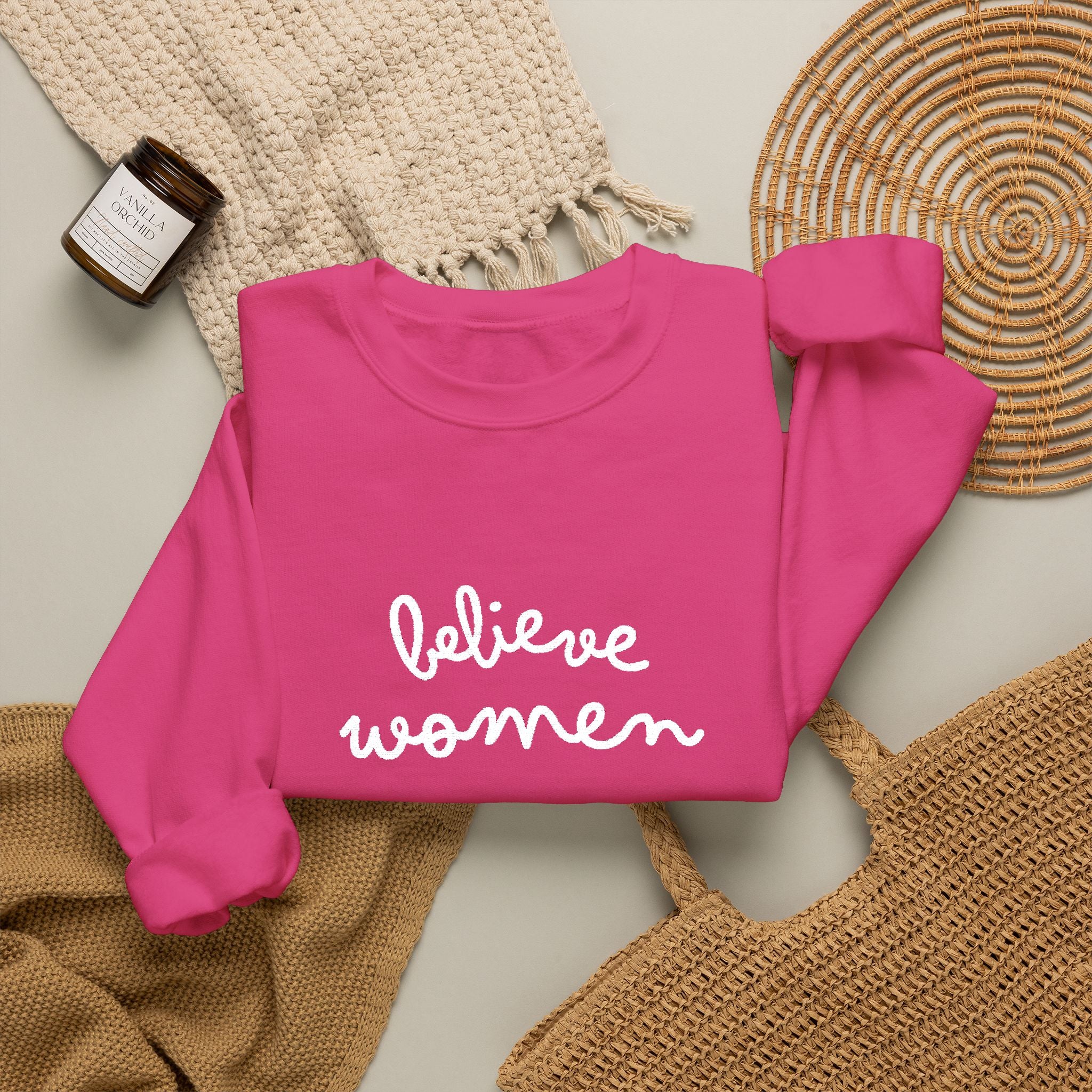 Believe Women Embroidered Sweatshirt | Feminist Statement Crewneck | Women's Rights Embroidered Pullover